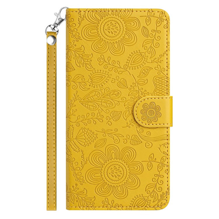 For iPhone 16 Plus Case Flower Imprint Leather Flip Wallet Phone Cover with Wrist Strap - Yellow