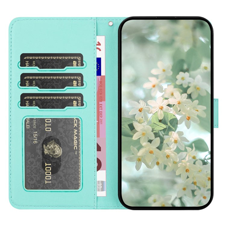 For iPhone 16 Case Flower Imprint Leather Flip Wallet Phone Cover with Wrist Strap - Light Green