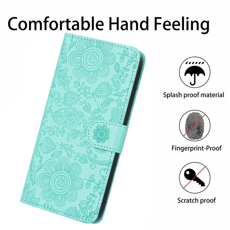 For iPhone 16 Case Flower Imprint Leather Flip Wallet Phone Cover with Wrist Strap - Light Green