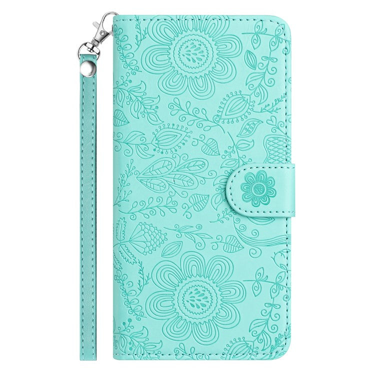 For iPhone 16 Case Flower Imprint Leather Flip Wallet Phone Cover with Wrist Strap - Light Green