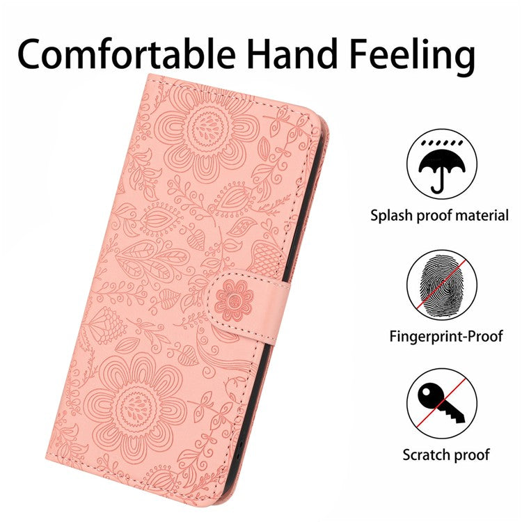 For iPhone 16 Pro Case Flower Imprint Leather Flip Wallet Phone Cover with Wrist Strap - Pink