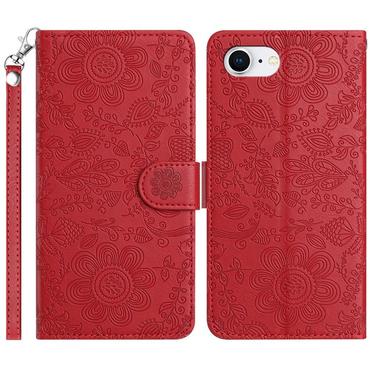 For iPhone 16e Case Flower Imprint Leather Flip Wallet Phone Cover with Wrist Strap - Red