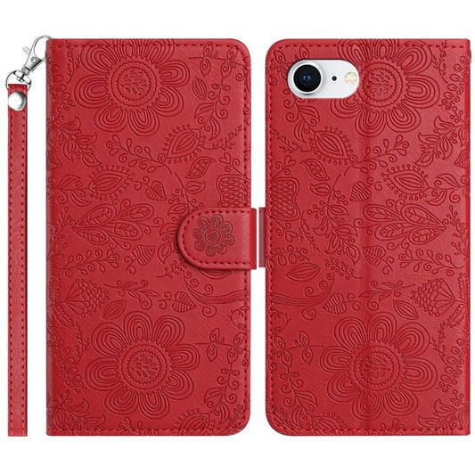 For iPhone 16e Case Flower Imprint Leather Flip Wallet Phone Cover with Wrist Strap - Red
