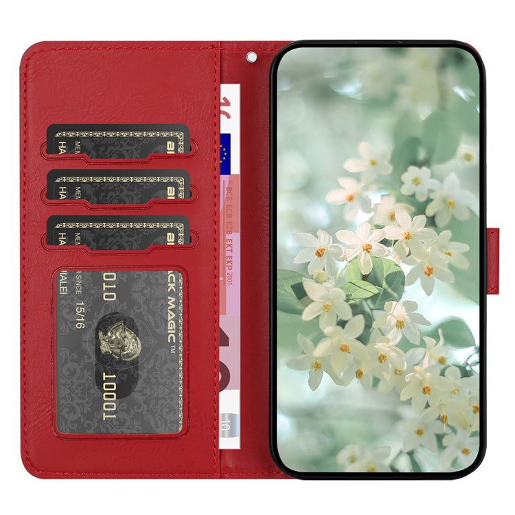 For iPhone 16e Case Flower Imprint Leather Flip Wallet Phone Cover with Wrist Strap - Red