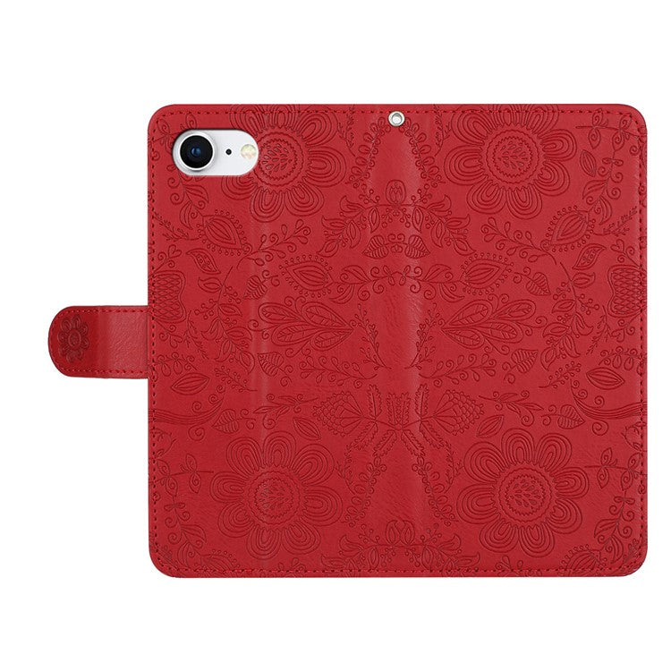 For iPhone 16e Case Flower Imprint Leather Flip Wallet Phone Cover with Wrist Strap - Red