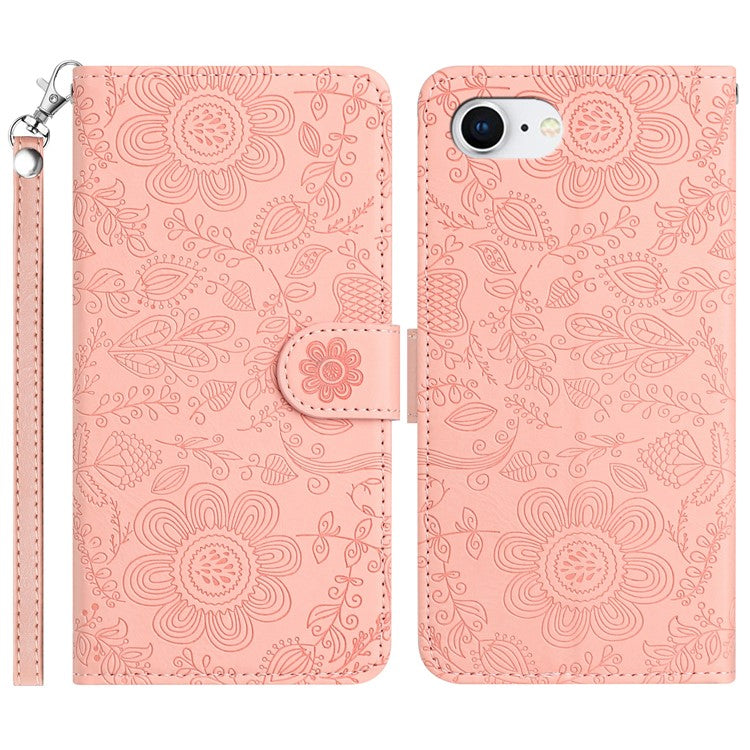 For iPhone 16e Case Flower Imprint Leather Flip Wallet Phone Cover with Wrist Strap - Pink