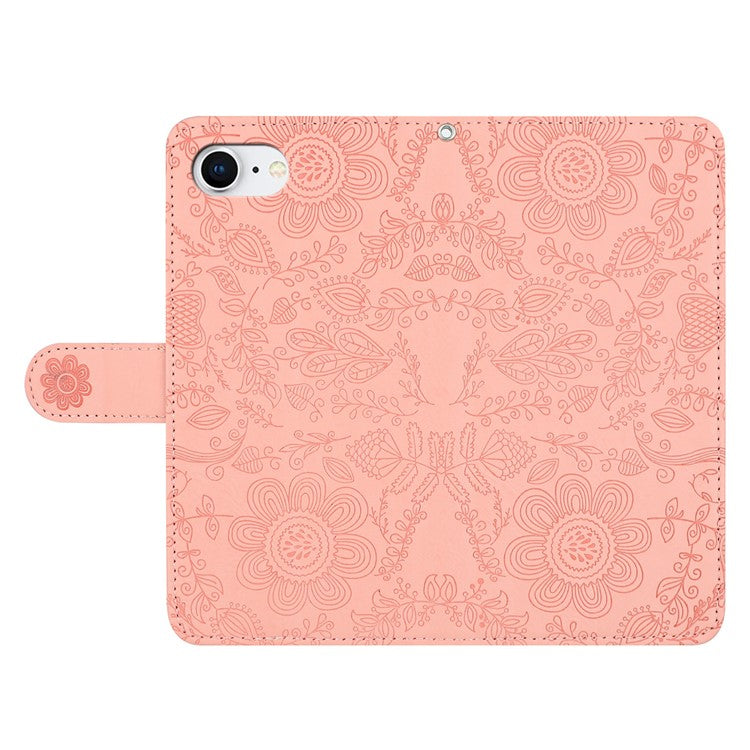 For iPhone 16e Case Flower Imprint Leather Flip Wallet Phone Cover with Wrist Strap - Pink