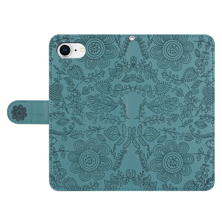 For iPhone 16e Case Flower Imprint Leather Flip Wallet Phone Cover with Wrist Strap - Blackish Green