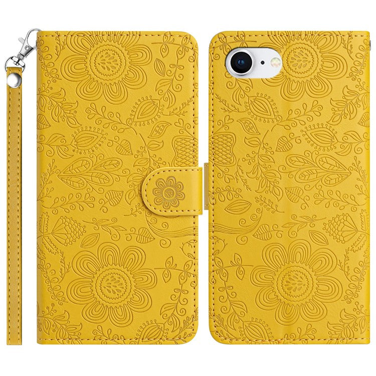 For iPhone SE (2025) Case Flower Imprint Leather Flip Wallet Phone Cover with Wrist Strap - Yellow