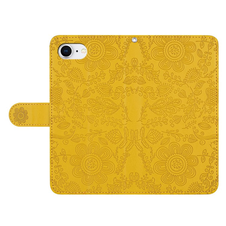 For iPhone SE (2025) Case Flower Imprint Leather Flip Wallet Phone Cover with Wrist Strap - Yellow