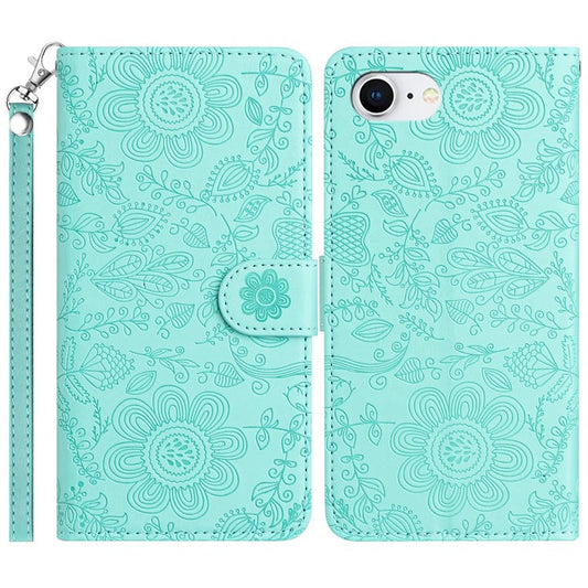 For iPhone 16e Case Flower Imprint Leather Flip Wallet Phone Cover with Wrist Strap - Light Green