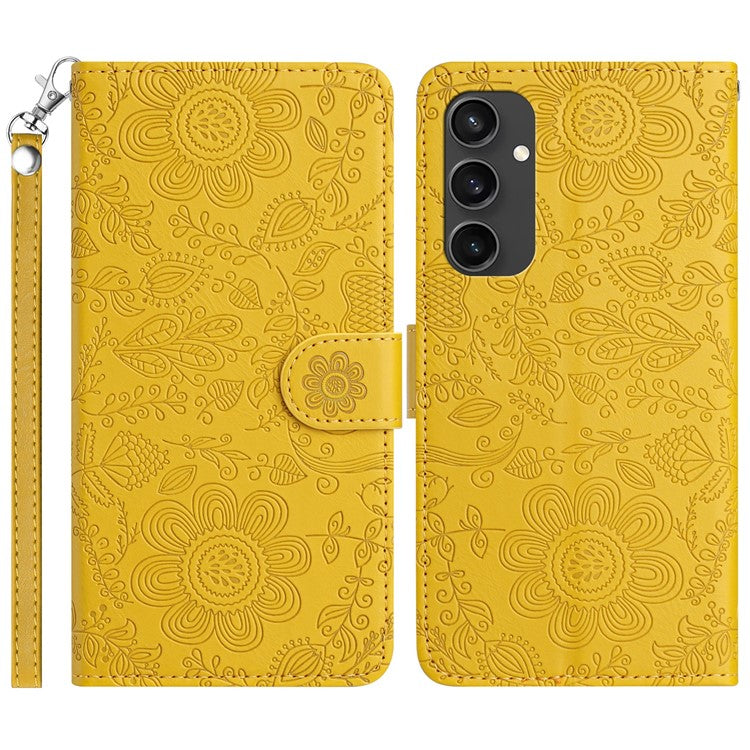 For Samsung Galaxy S24 FE Case Flower Imprint Leather Flip Wallet Phone Cover with Wrist Strap - Yellow