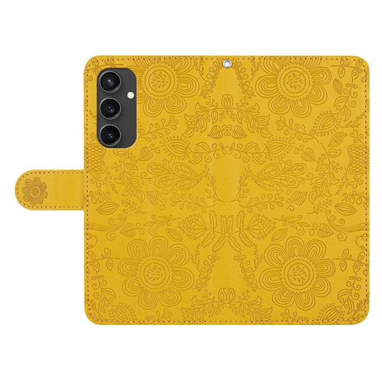 For Samsung Galaxy S24 FE Case Flower Imprint Leather Flip Wallet Phone Cover with Wrist Strap - Yellow