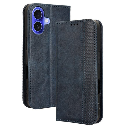 For iPhone 16 Plus Leather Case Wallet Stand Retro Texture Phone Cover - Blue