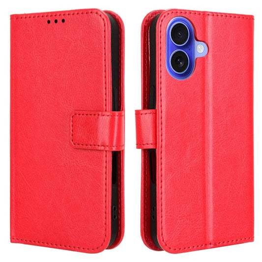 For iPhone 16 Case Crazy Horse Texture PU Leather Phone Wallet Cover - Red