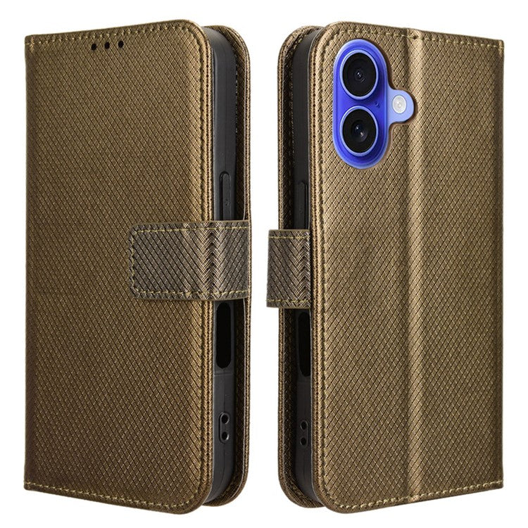 For iPhone 16 Plus Case PU Leather Diamond Texture Wallet Phone Cover - Brown