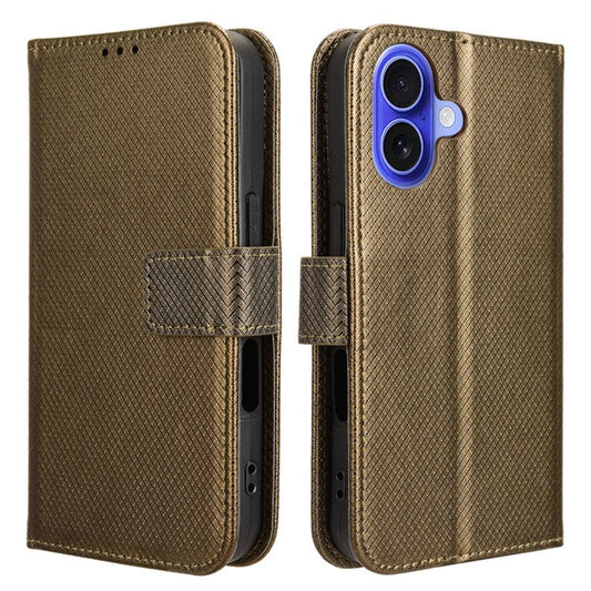 For iPhone 16 Plus Case PU Leather Diamond Texture Wallet Phone Cover - Brown