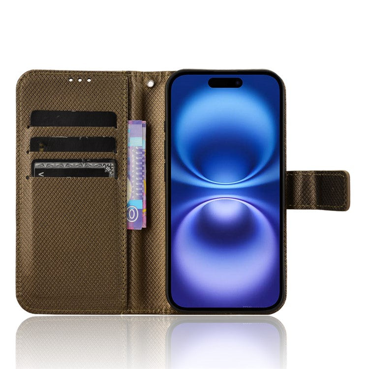 For iPhone 16 Plus Case PU Leather Diamond Texture Wallet Phone Cover - Brown