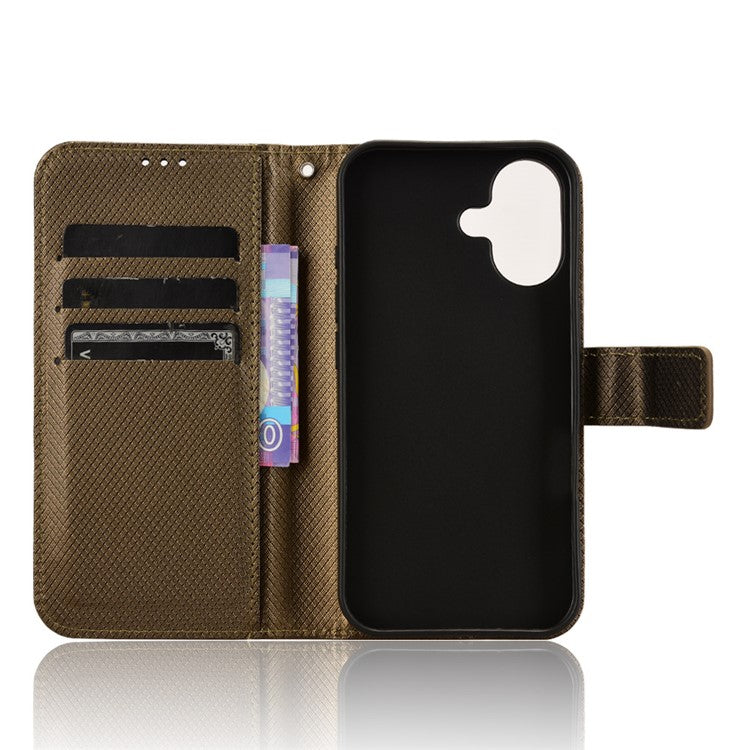 For iPhone 16 Plus Case PU Leather Diamond Texture Wallet Phone Cover - Brown
