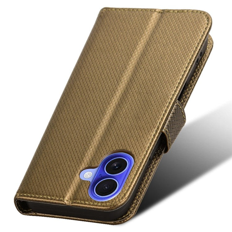 For iPhone 16 Plus Case PU Leather Diamond Texture Wallet Phone Cover - Brown