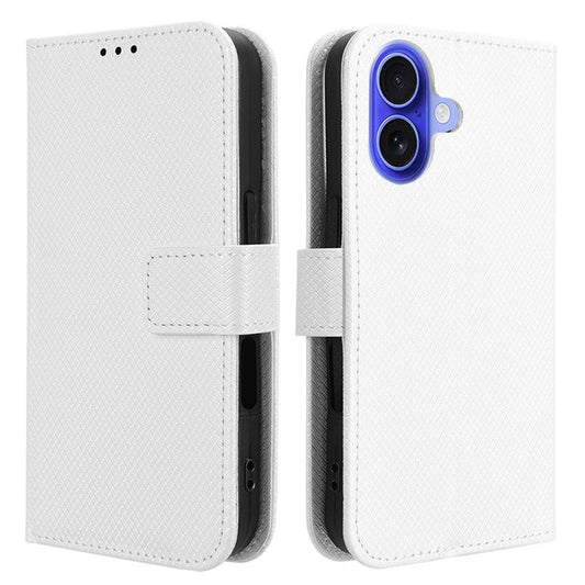 For iPhone 16 Plus Case PU Leather Diamond Texture Wallet Phone Cover - White