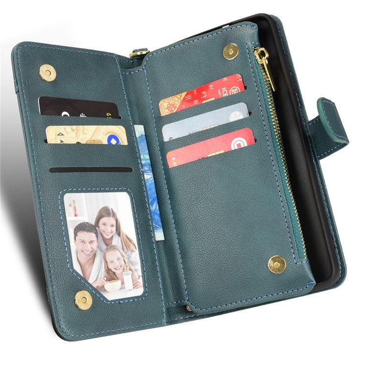 For iPhone 16 Plus Leather Case Zipper Pocket Phone Cover with 2 Straps - Green