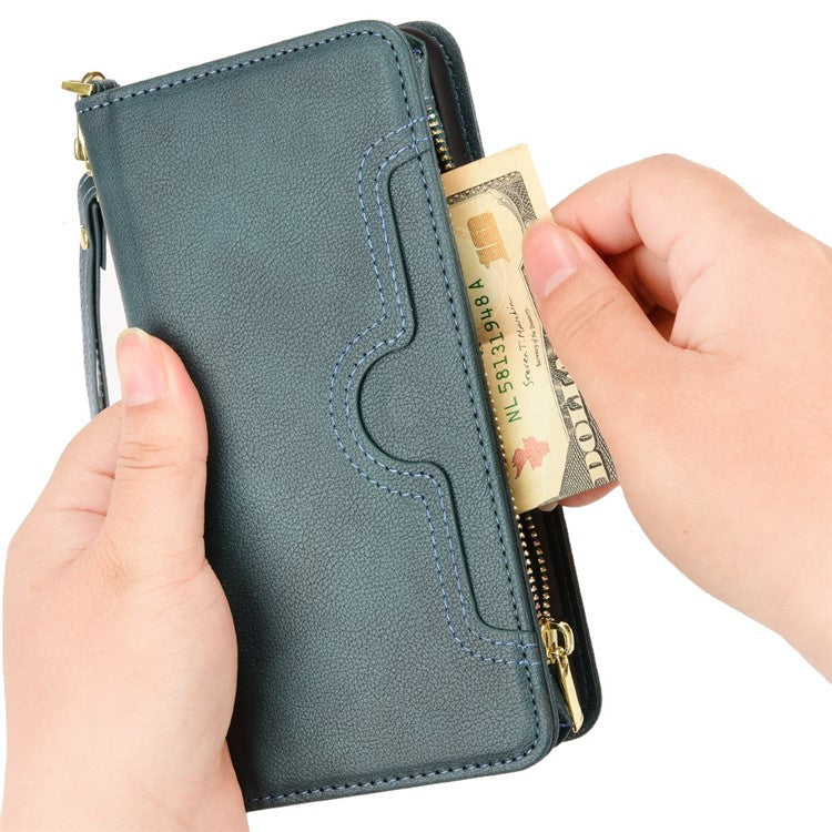 For iPhone 16 Plus Leather Case Zipper Pocket Phone Cover with 2 Straps - Green