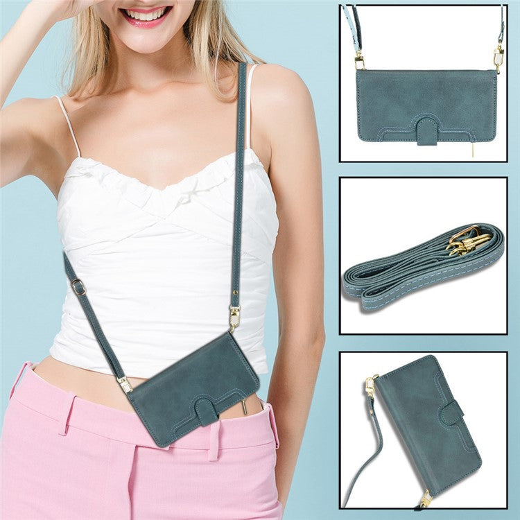 For iPhone 16 Plus Leather Case Zipper Pocket Phone Cover with 2 Straps - Green