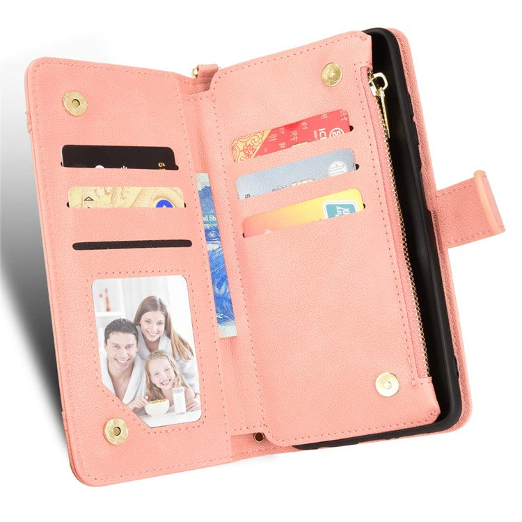 For iPhone 16 Leather Case Zipper Pocket Phone Cover with 2 Straps - Pink