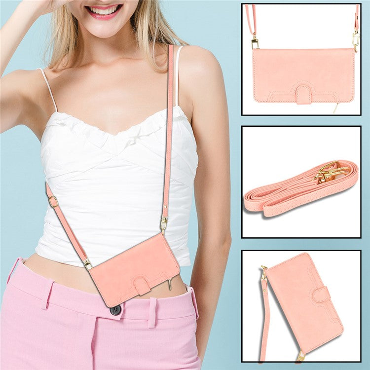 For iPhone 16 Leather Case Zipper Pocket Phone Cover with 2 Straps - Pink