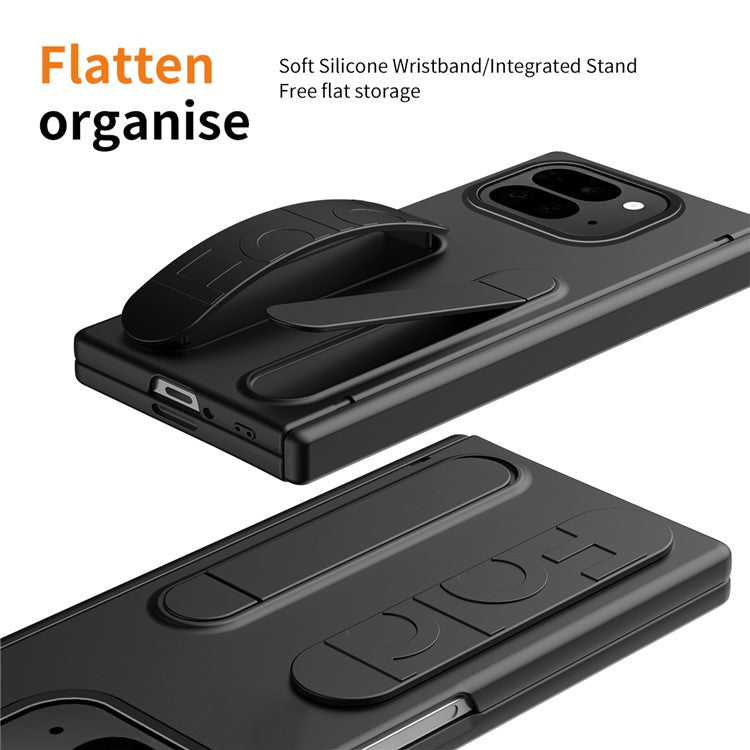 For Google Pixel 9 Pro Fold 5G Case Kickstand Wristband PC Phone Cover with Tempered Glass Film - Black