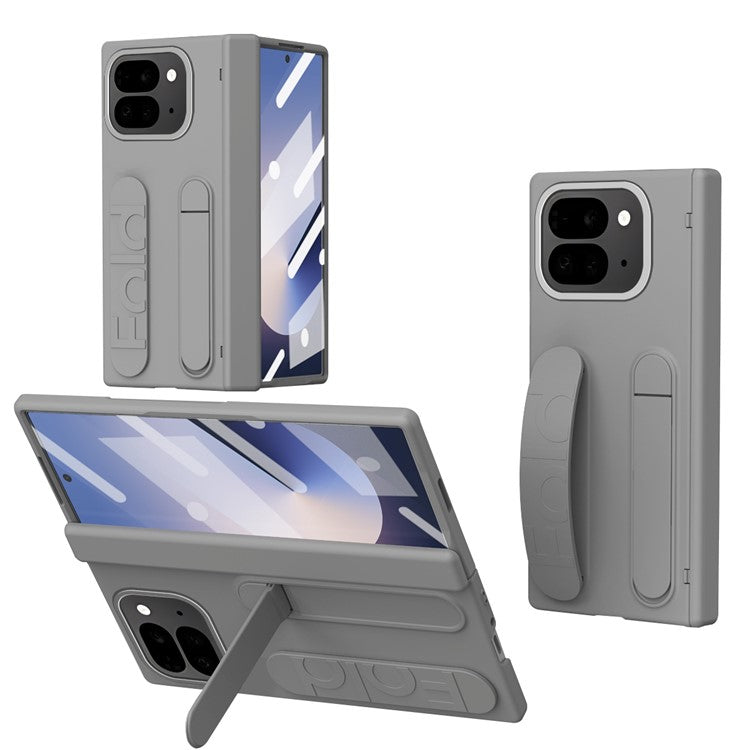 For Google Pixel 9 Pro Fold 5G Case Kickstand Wristband PC Phone Cover with Tempered Glass Film - Grey