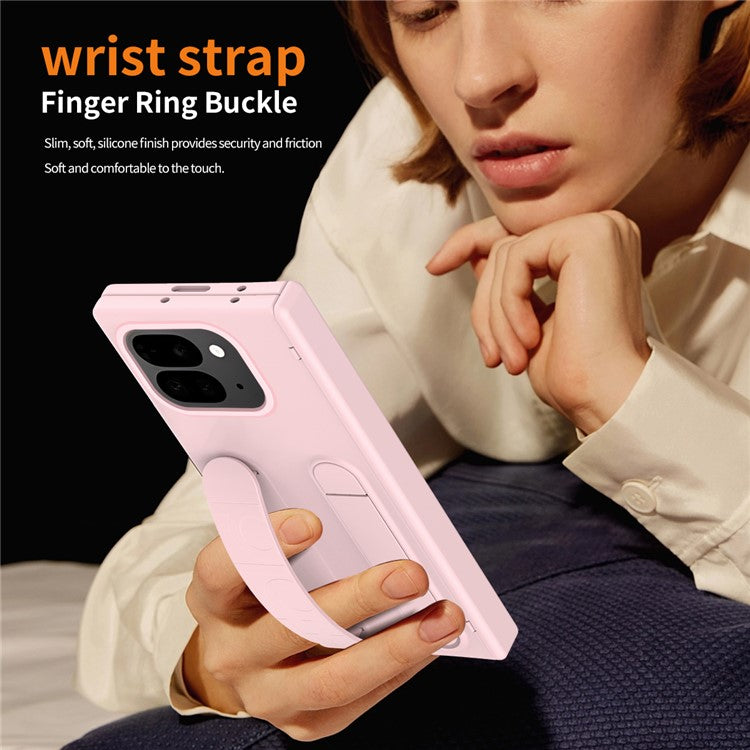 For Google Pixel 9 Pro Fold 5G Case Kickstand Wristband PC Phone Cover with Tempered Glass Film - Pink