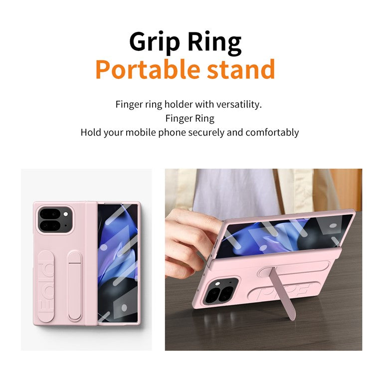 For Google Pixel 9 Pro Fold 5G Case Kickstand Wristband PC Phone Cover with Tempered Glass Film - Pink