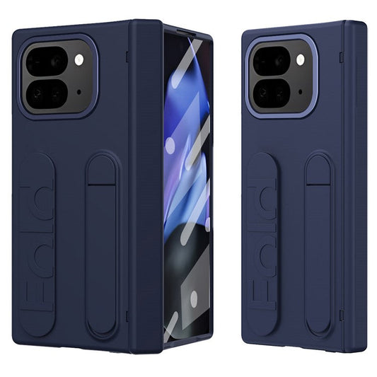 For Google Pixel 9 Pro Fold 5G Case Kickstand Wristband PC Phone Cover with Tempered Glass Film - Blue