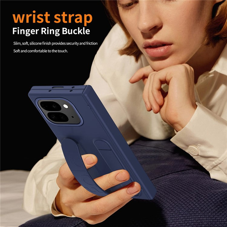 For Google Pixel 9 Pro Fold 5G Case Kickstand Wristband PC Phone Cover with Tempered Glass Film - Blue
