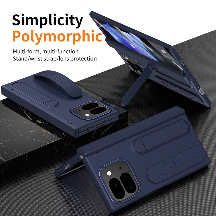 For Google Pixel 9 Pro Fold 5G Case Kickstand Wristband PC Phone Cover with Tempered Glass Film - Blue