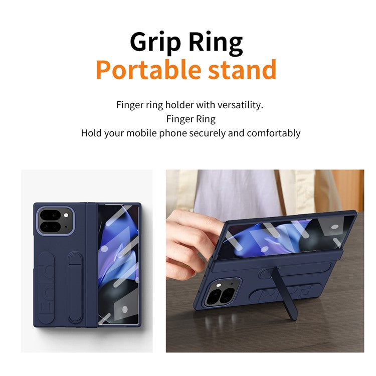 For Google Pixel 9 Pro Fold 5G Case Kickstand Wristband PC Phone Cover with Tempered Glass Film - Blue