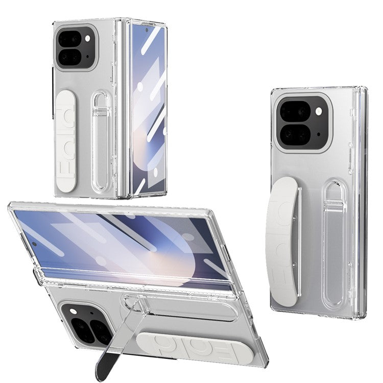 For Google Pixel 9 Pro Fold 5G Case Kickstand Wristband PC Phone Cover with Tempered Glass Film - White