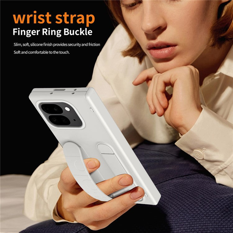 For Google Pixel 9 Pro Fold 5G Case Kickstand Wristband PC Phone Cover with Tempered Glass Film - White