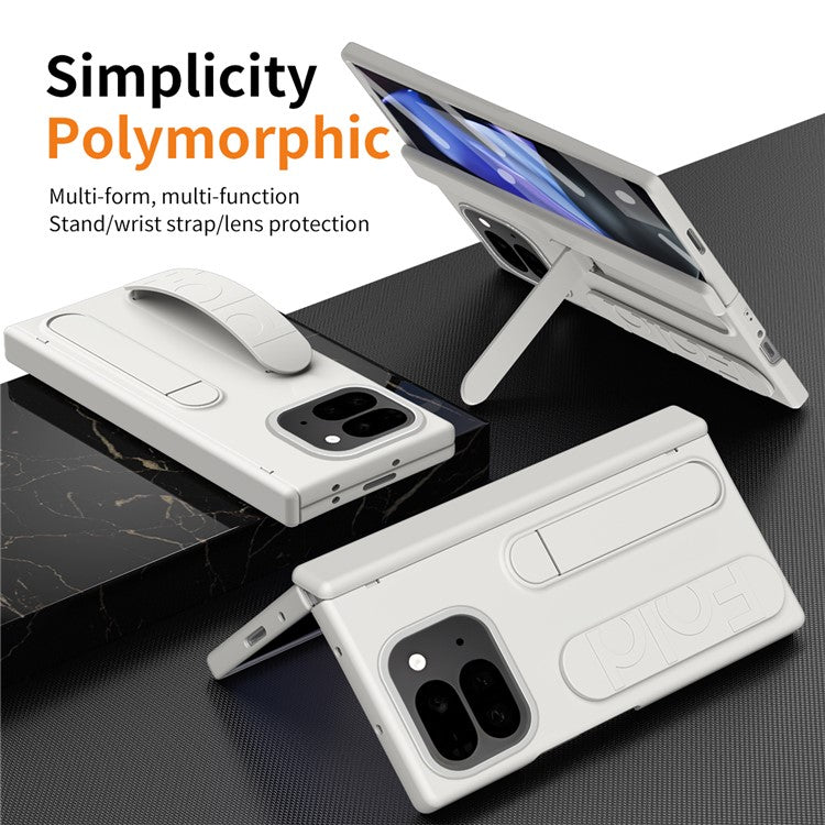 For Google Pixel 9 Pro Fold 5G Case Kickstand Wristband PC Phone Cover with Tempered Glass Film - White