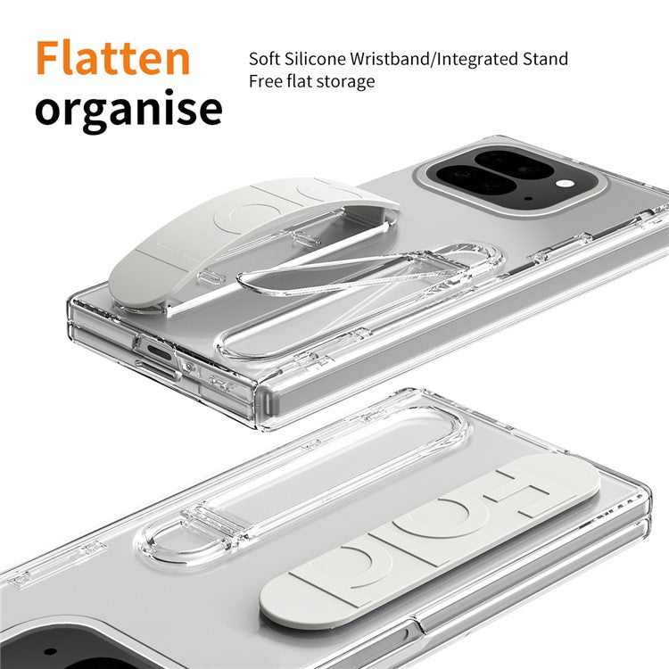 For Google Pixel 9 Pro Fold 5G Case Kickstand Wristband PC Phone Cover with Tempered Glass Film - Transparent