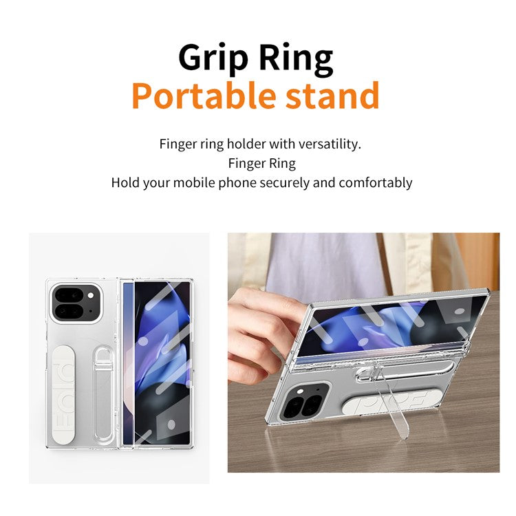 For Google Pixel 9 Pro Fold 5G Case Kickstand Wristband PC Phone Cover with Tempered Glass Film - Transparent