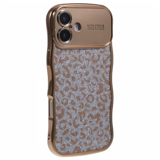 For iPhone 16 Plus Case Curly Frame TPU Phone Cover Leopard Print Glitter - Gold