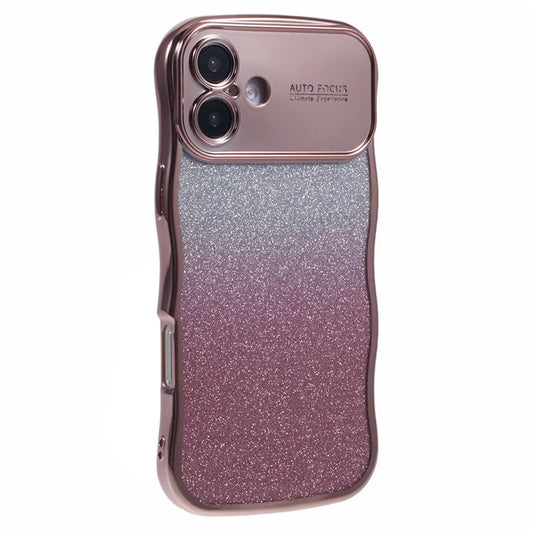 For iPhone 16 Plus Case Gradient Glitter TPU Phone Cover with Electroplating Curly Frame - Rose Pink
