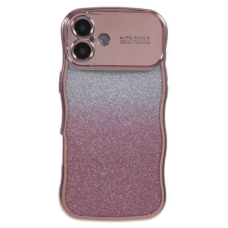 For iPhone 16 Plus Case Gradient Glitter TPU Phone Cover with Electroplating Curly Frame - Rose Pink