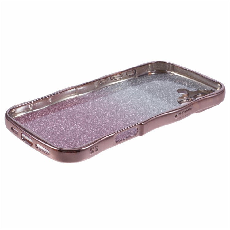 For iPhone 16 Plus Case Gradient Glitter TPU Phone Cover with Electroplating Curly Frame - Rose Pink