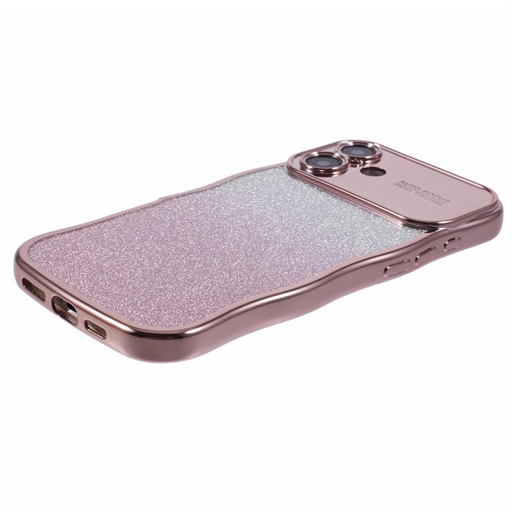 For iPhone 16 Plus Case Gradient Glitter TPU Phone Cover with Electroplating Curly Frame - Rose Pink
