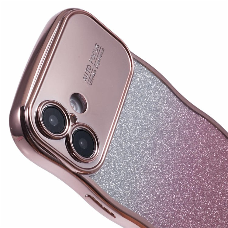 For iPhone 16 Plus Case Gradient Glitter TPU Phone Cover with Electroplating Curly Frame - Rose Pink
