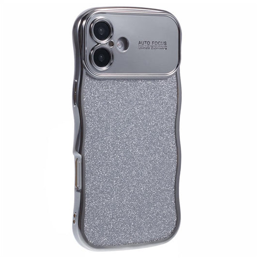 For iPhone 16 Plus Case Electroplating Curly Frame TPU Glitter Phone Cover Large Window - Silver